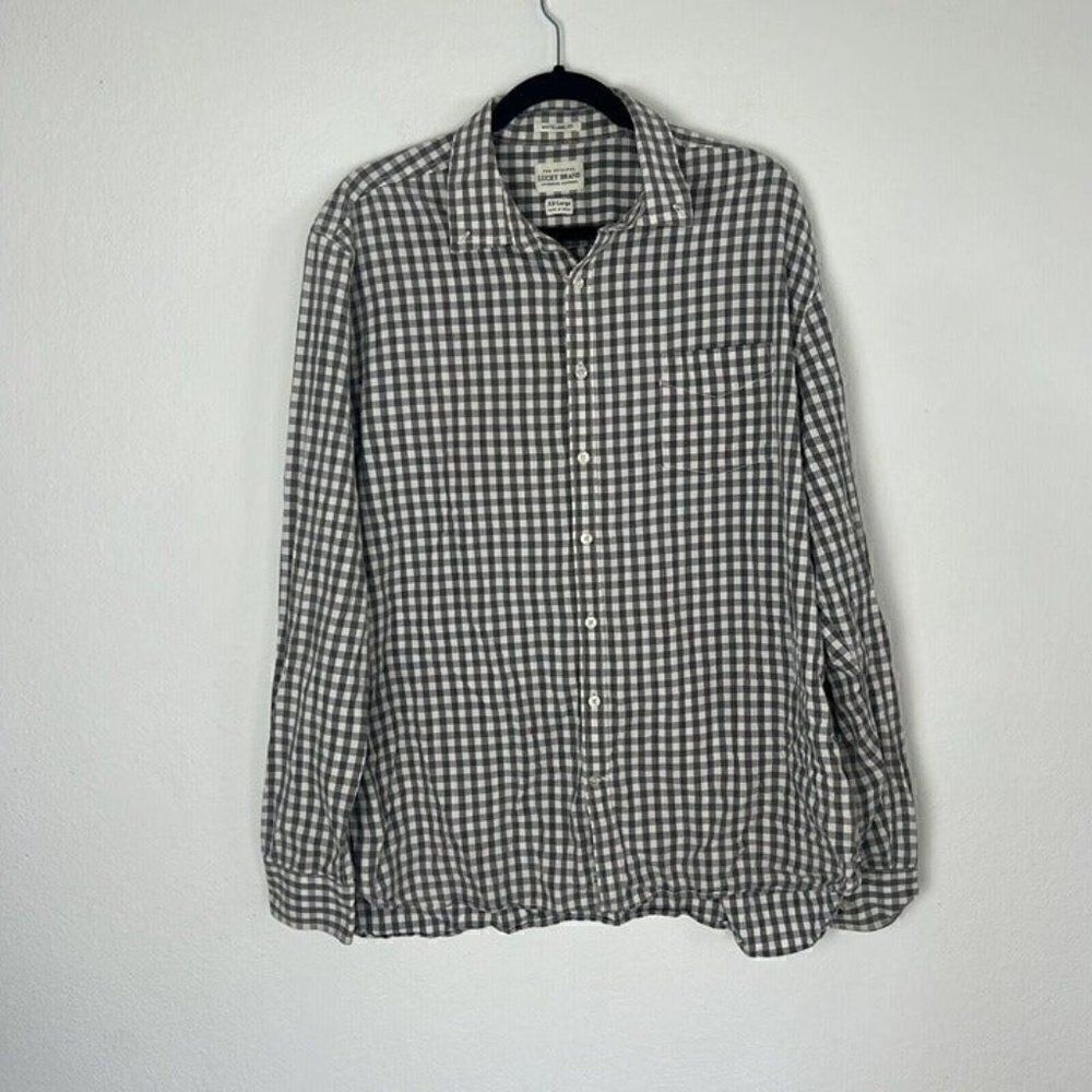 Lucky Brand White Label Fit Mens Grey & White Plaid Button Up Lightweight Shirt